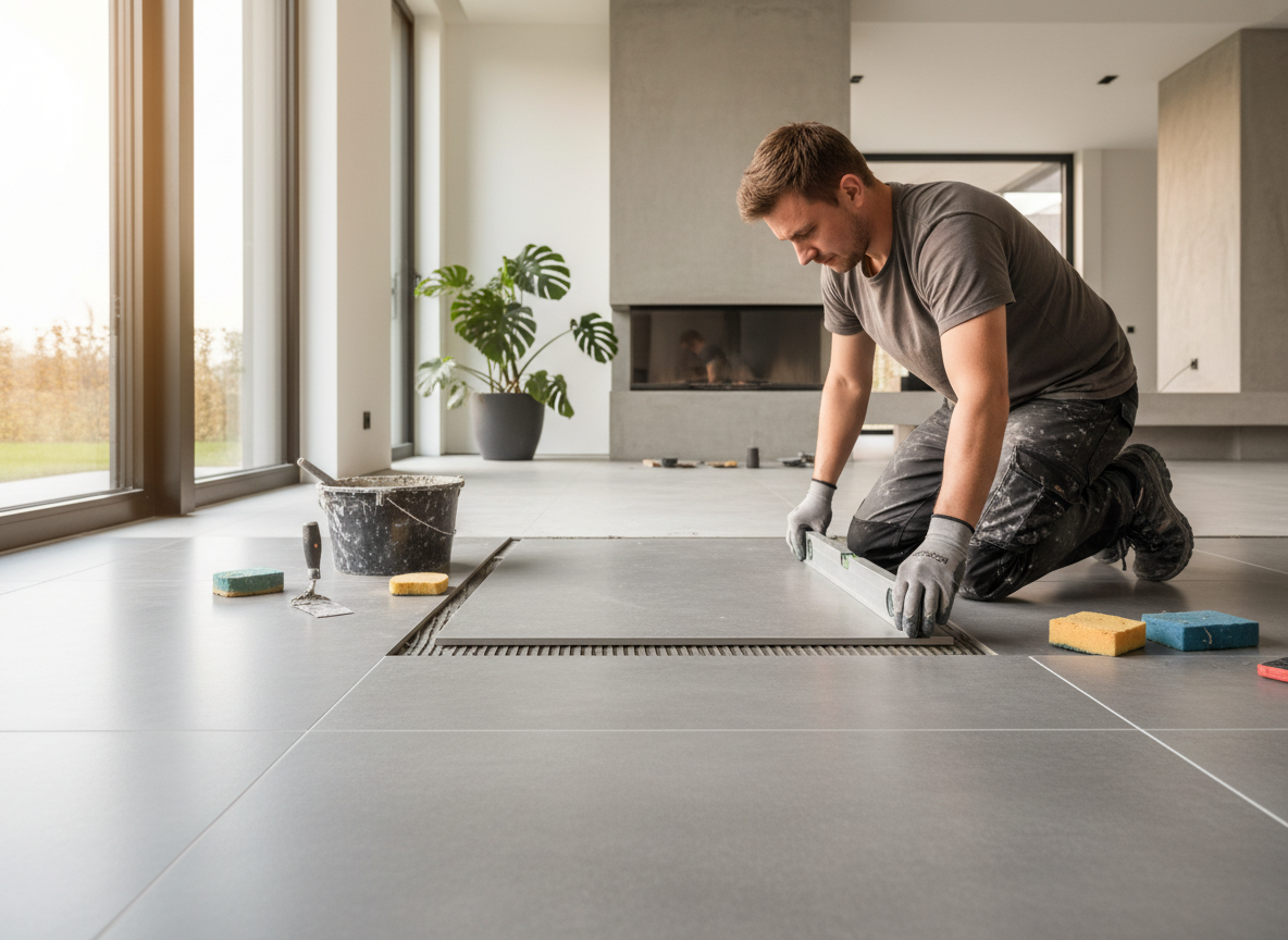 Close-up of a professional tiler laying large format floor tiles in a modern interior, clean grout lines, natural light, realistic photography style